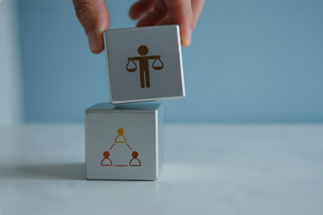 Das Bild zeigt zwei Würfel, auf dem oberen ist eine Figur mit Waage abgebildet und auf dem unteren ein Symbol, das mehrere Personen in einem Netzwerk darstellt.