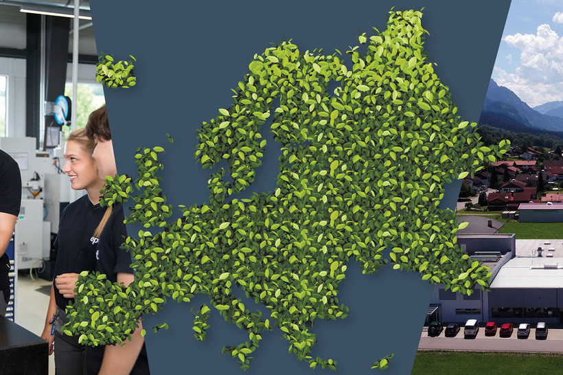 Das Bild zeigt eine Kombination aus einem industriellen Arbeitsumfeld, einem Europa-ähnlichen Blattmuster und einer Landschaftsaufnahme mit Gebäuden.