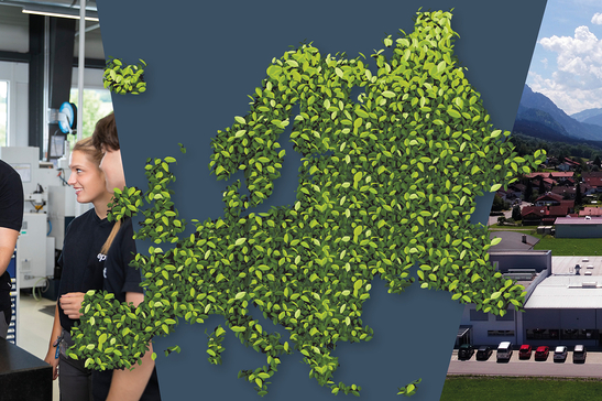 Das Bild zeigt eine Kombination aus einem industriellen Arbeitsumfeld, einem Europa-ähnlichen Blattmuster und einer Landschaftsaufnahme mit Gebäuden.